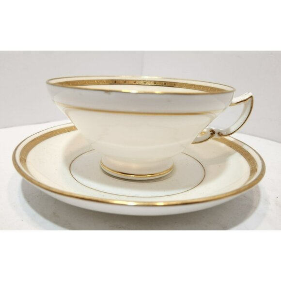 Antique Mintons England Footed Cup & Saucer H3251 Gold Encrusted Band Cream Rim - Picture 1 of 16